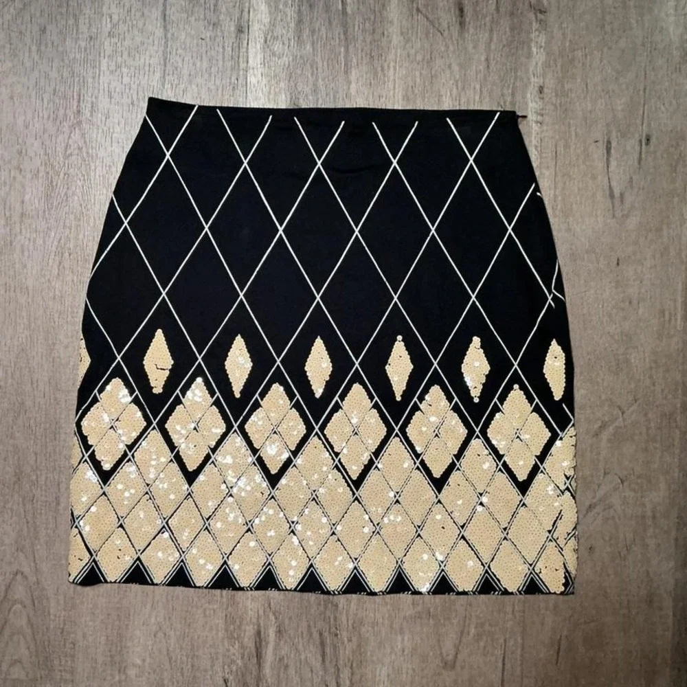 Vanity Petites Black Gold Sequin Diamond Mini Skirt Size M NWT Party Night Out‎